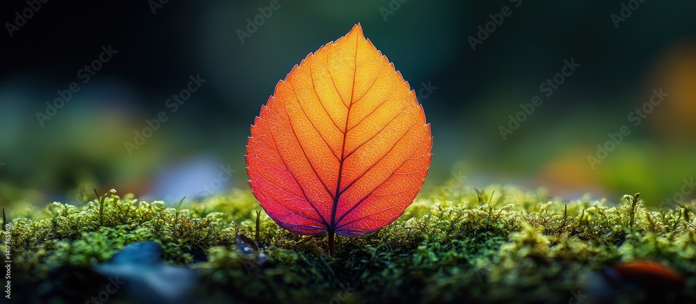 Naklejka premium Autumn leaf on moss, vibrant colors, nature backdrop
