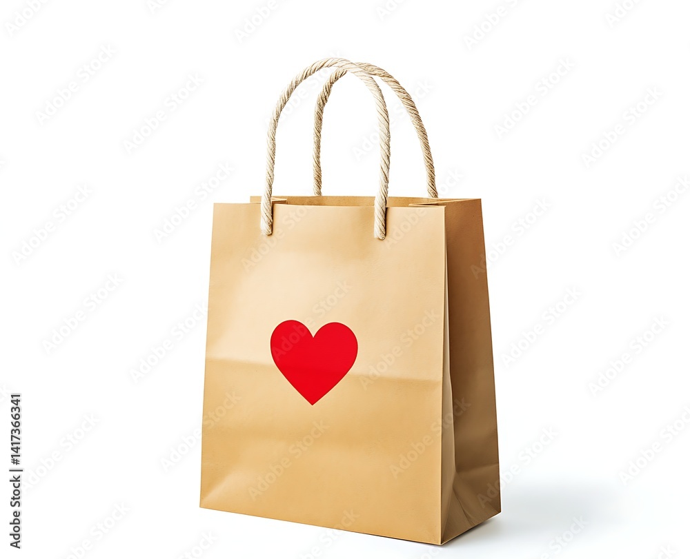 A paper shopping bag with a red heart sticker, white background A paper shopping bag with a red heart sticker, white background