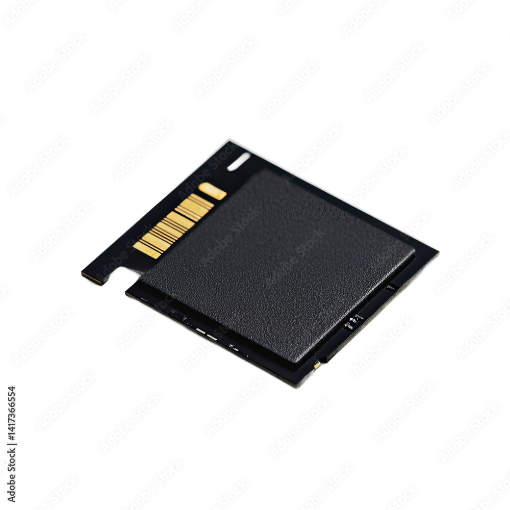 A black, rectangular solid state memory card, likely for storing digital data.