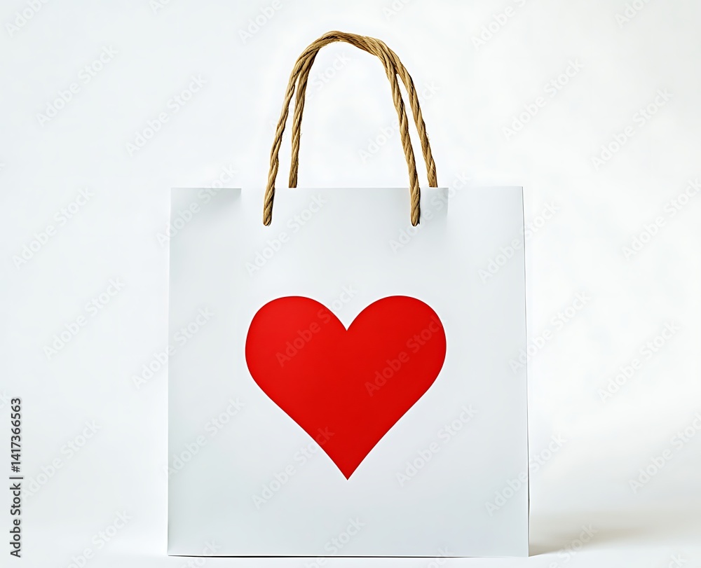 A paper shopping bag with a red heart sticker, white background A paper shopping bag with a red heart sticker, white background