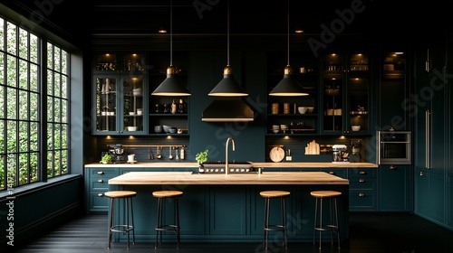 Pendant lighting with a conical shade suspended above a central island.