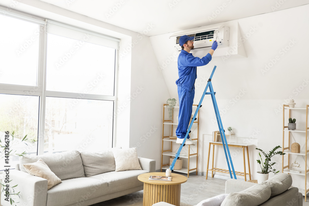 © Pixel-Shot - Male technician with screwdriver repairing air conditioner in room © Pixel-Shot - Male technician with screwdriver repairing air conditioner in room