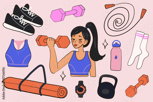 Girl with gym accessory set. Workout equipments, yoga mat, sportswear and bag. Modern isolated vector illustration.