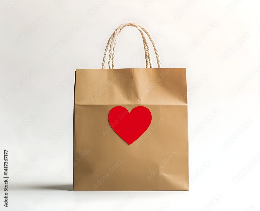 A paper shopping bag with a red heart sticker, white background A paper shopping bag with a red heart sticker, white background