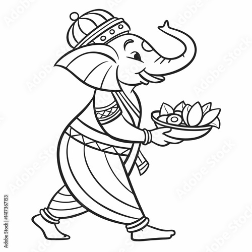 Drawing or Sketch of hindu god Lord Shiva son Lord Ganesha outline editable illustration