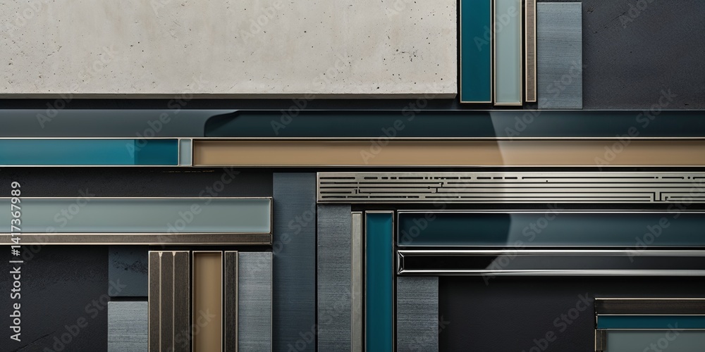 Abstract geometric composition of glass, metal and concrete in blue, gray and beige tones. Abstract geometric composition of glass, metal and concrete in blue, gray and beige tones.