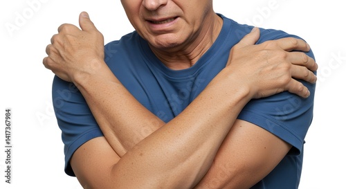 Man experiences shoulder discomfort, expressing pain with arms crossed tightly