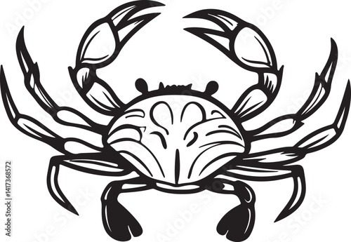 Silhouette of a crab in black and white against a white background, featured in a vector art illustration collection