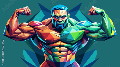 Bodybuilding logo, low poly isolated vector illustration of posing bodybuilder