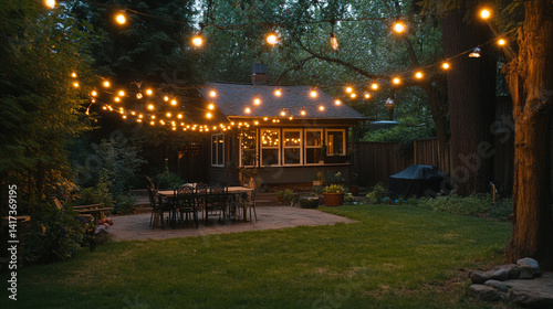 Backyard string lights casting a warm glow, creating a cozy and inviting atmosphere.
