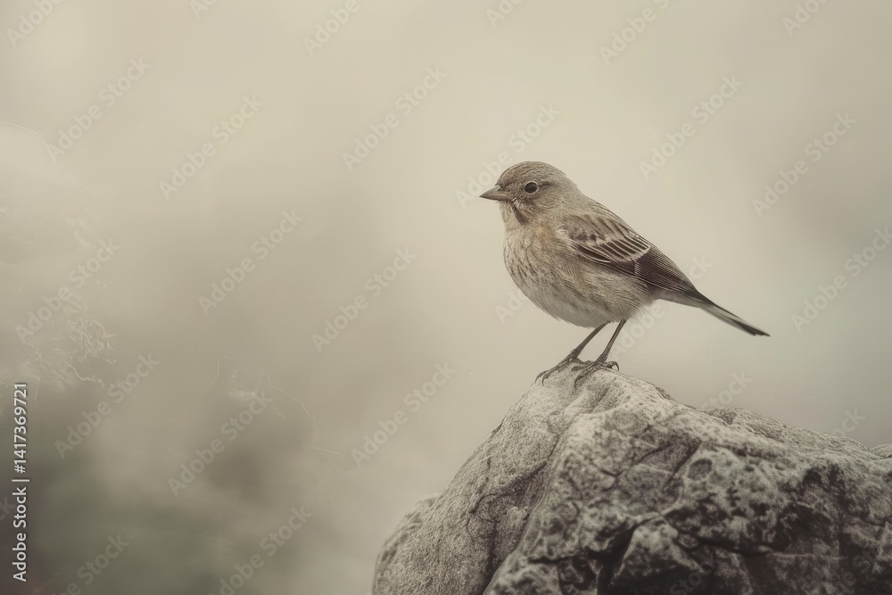 Obraz premium Soft-hued small bird perched on a weathered rock.