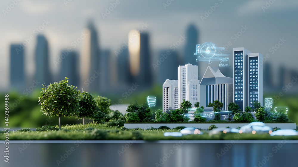 Fototapeta premium Futuristic urban development modern city 3d visualization digital environment aerial view smart cities concept