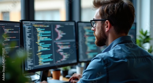 Focused Software Developer Programming Code on Multiple Monitors in a Modern Workspace