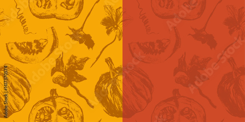 Vector hand-drawn pumpkin seamless pattern —  floral background. Autumn harvest sketch style with grunge texture. Seasonal design, label, packaging and textiles.