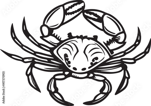 Silhouette of a crab in black and white against a white background, featured in a vector art illustration collection