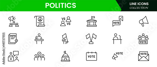 Politics icon set. It contains vector icons of Teams, Decrees, Votes, Absenteeism, Ballots, Campaigns, Demographics, Wars, Patriotism, Elections, Flags, Solutions, and Checking.