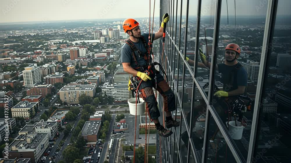 Caucasian man window washer descends skyscraper to clean windows. industrial climber washes windows outside tall building motion stock video clip with city view.