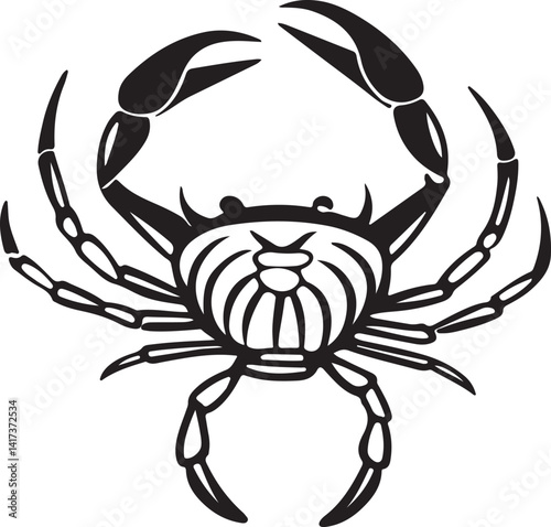 Silhouette of a crab in black and white against a white background, featured in a vector art illustration collection