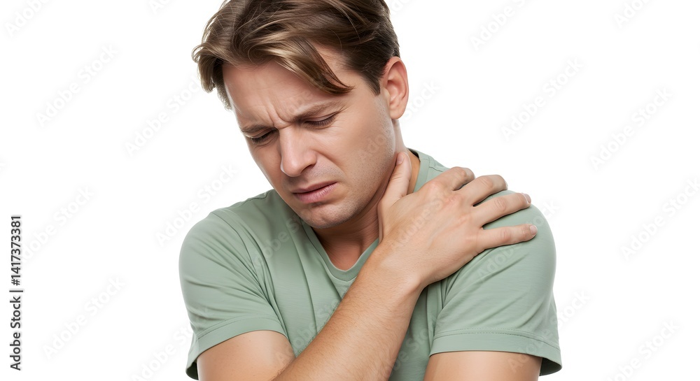 Man experiences sharp shoulder ache, emphasizing discomfort and vulnerability Man experiences sharp shoulder ache, emphasizing discomfort and vulnerability
