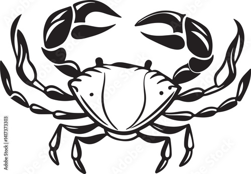 Silhouette of a crab in black and white against a white background, featured in a vector art illustration collection