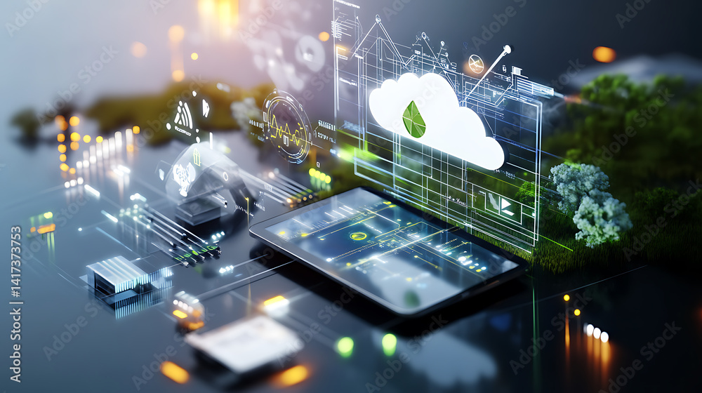 Obraz premium Digital transformation in technology smart devices infographic modern office aerial view innovation and sustainability