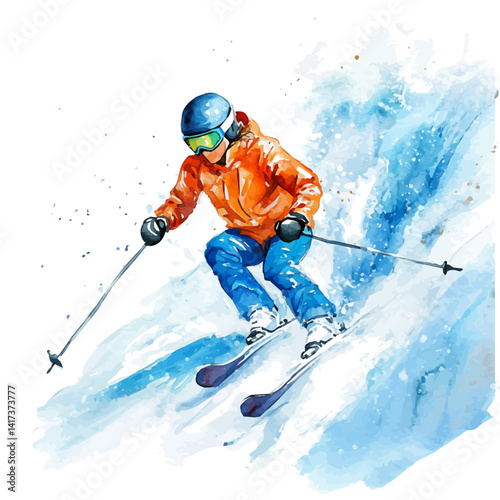 Skier Gliding Down A Snow-covered Mountain, vector watercolor illustration, isolated on a white background.