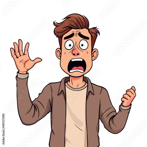 Vsai young man showing fear and raising hand in terror