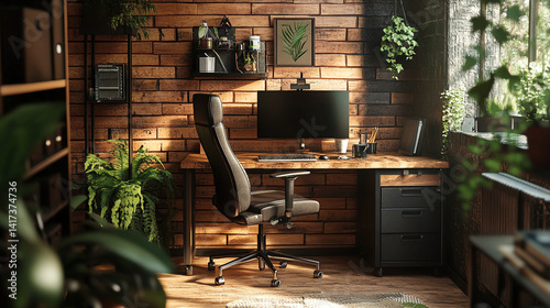 Minimalist home office with wooden accents and natural light, embodying modern comfort and productivity.