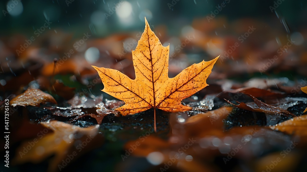 Close-up of a single vibrant orange autumn maple leaf lying on wet fallen leaves in a damp forest floor du the fall season with blurred background Close-up of a single vibrant orange autumn maple leaf lying on wet fallen leaves in a damp forest floor du the fall season with blurred background