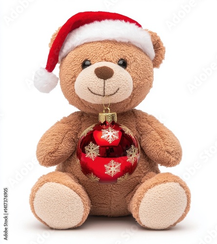 Cute Teddy Bear in Santa Hat Holding Christmas Ornament Decoration