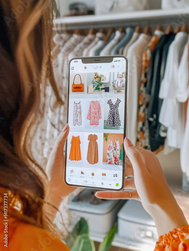 Woman creating modern look with online wardrobe app on mobile phone at home