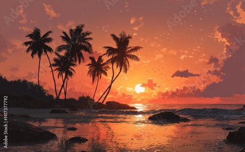 Silhouetted palm trees on a tropical beach at sunset. Warm, fiery colors paint the sky and ocean.
