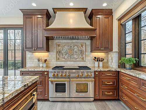 Interior kitchen view wooden cabinets with an exhaust hood and stainless steel stove counter and window