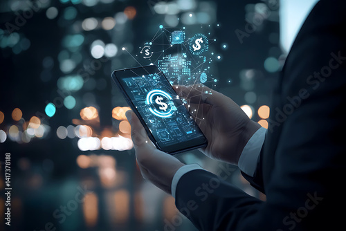 Digital payment revolution smartphone transactions in urban nightscape technology modern business environment