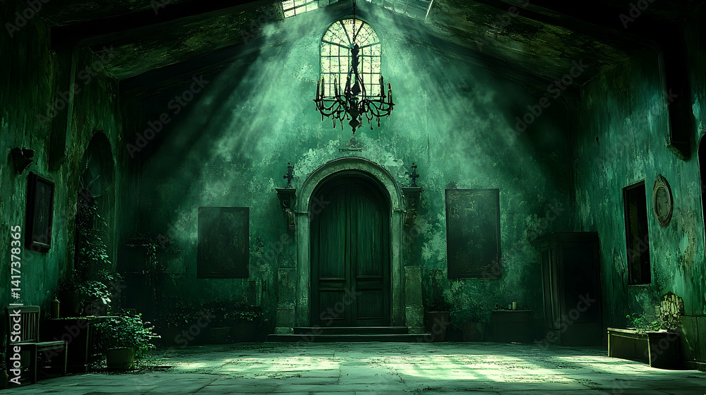 Obraz premium Old room in emerald tones sunlight comes through a window above the big door and illuminates the antique chandelier and