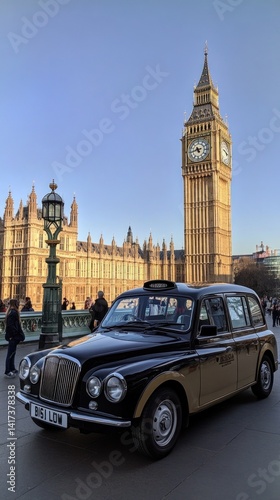 Wallpaper Mural Classic taxi cab parked near big ben and houses of parliament in london Torontodigital.ca
