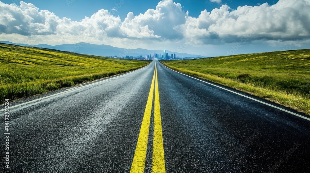 Fototapeta premium A long road leads through fields towards a distant skyline