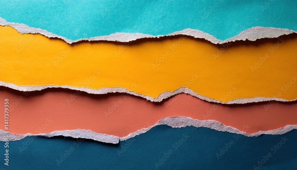 Fototapeta premium Torn Paper Layers: A vibrant display of torn paper reveals layers of color. creating a textured, eye-catching visual representation of texture, colors. 