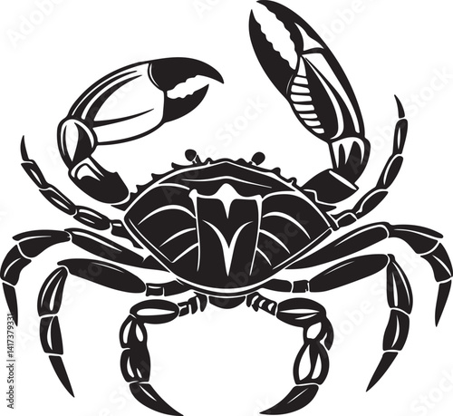 Silhouette of a crab in black and white against a white background, featured in a vector art illustration collection