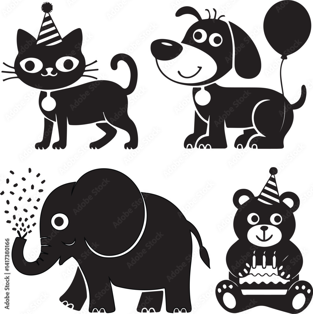 Naklejka premium Happy Birthday Animal Clipart Set, Vector Silhouette Design