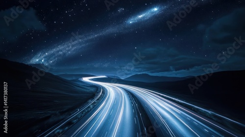 A highway lit by passing cars beneath the starry night sky