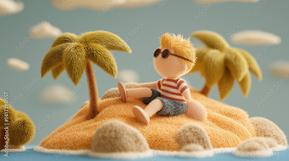 Crafty character enjoys sunny day on tropical island with palm trees and soft sand near tranquil water, 3d illustration.