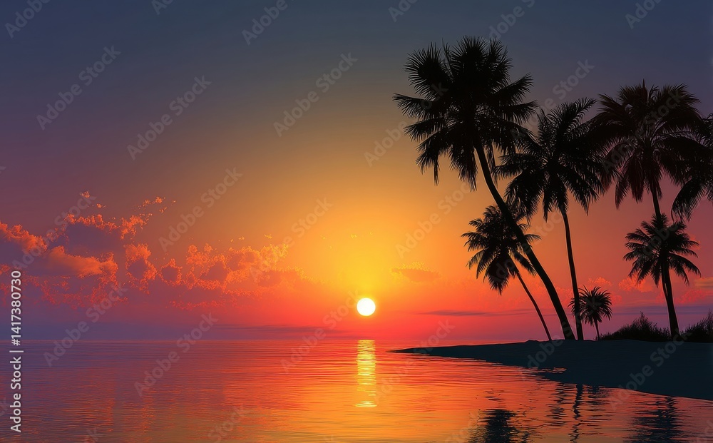 Silhouetted palm trees on a tropical beach at sunset. Warm, vibrant colors paint the sky and ocean. Silhouetted palm trees on a tropical beach at sunset. Warm, vibrant colors paint the sky and ocean.