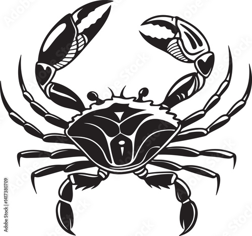 Silhouette of a crab in black and white against a white background, featured in a vector art illustration collection