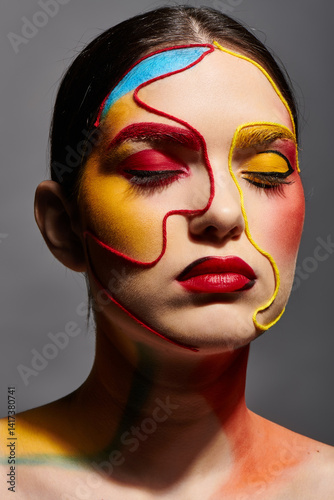 Expressive face art displayed on a beautiful young woman with vibrant colors in a creative studio