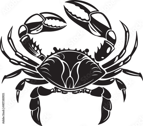 Silhouette of a crab in black and white against a white background, featured in a vector art illustration collection