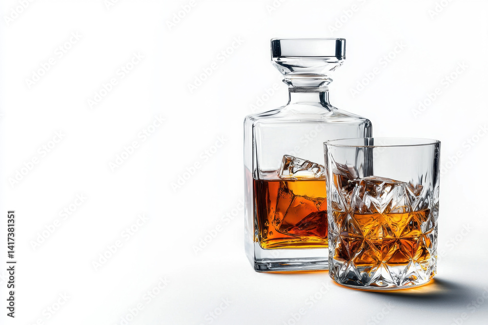 Elegant classic whiskey decanter with intricate cut glass home bar setting lifestyle photography warm ambience emphasizing premium products