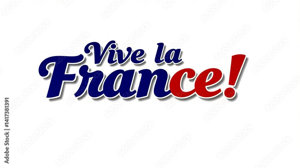 Vive la France motion video with red white and blue letters. French patriotic animation clip. Bastille Day holiday concept footage.