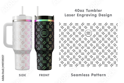 Aquarius zodiac sign laser engraving design for 40oz tumbler. Seamless from edge to edge. Full tumbler wrap. Vector illustration.