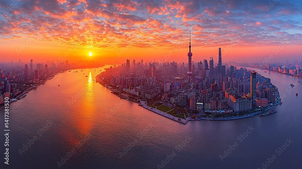 Naklejka premium Vibrant City Sunrise Aerial View